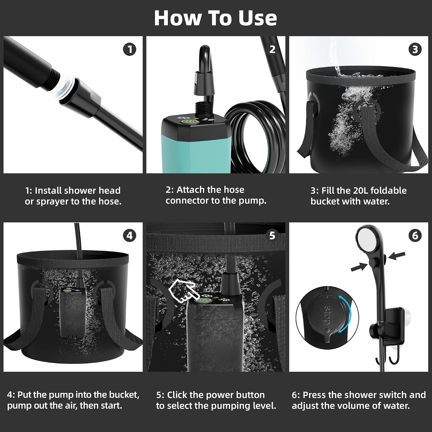 Rechargeable Camp Shower with Collapsible Bucket: image 4