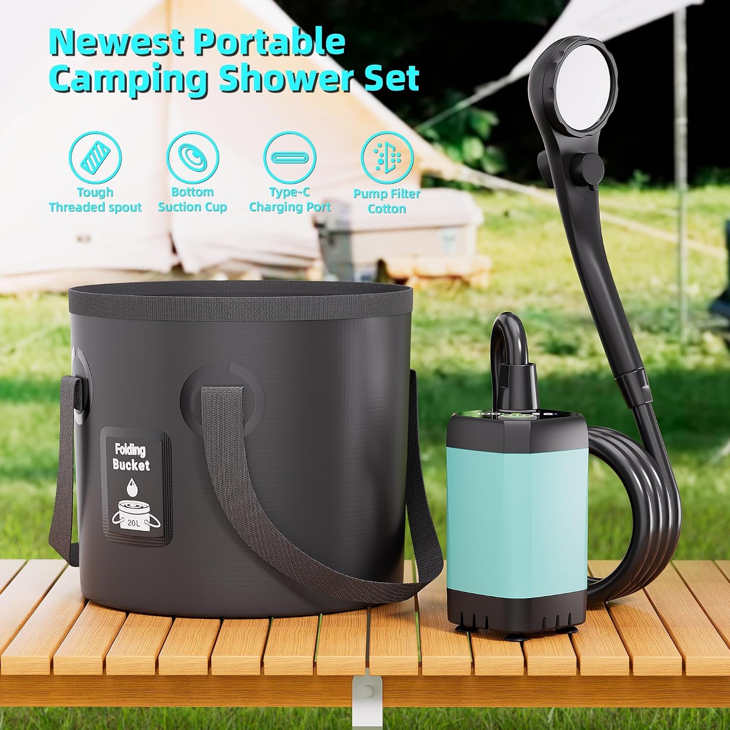 Rechargeable Camp Shower with Collapsible Bucket: image 6